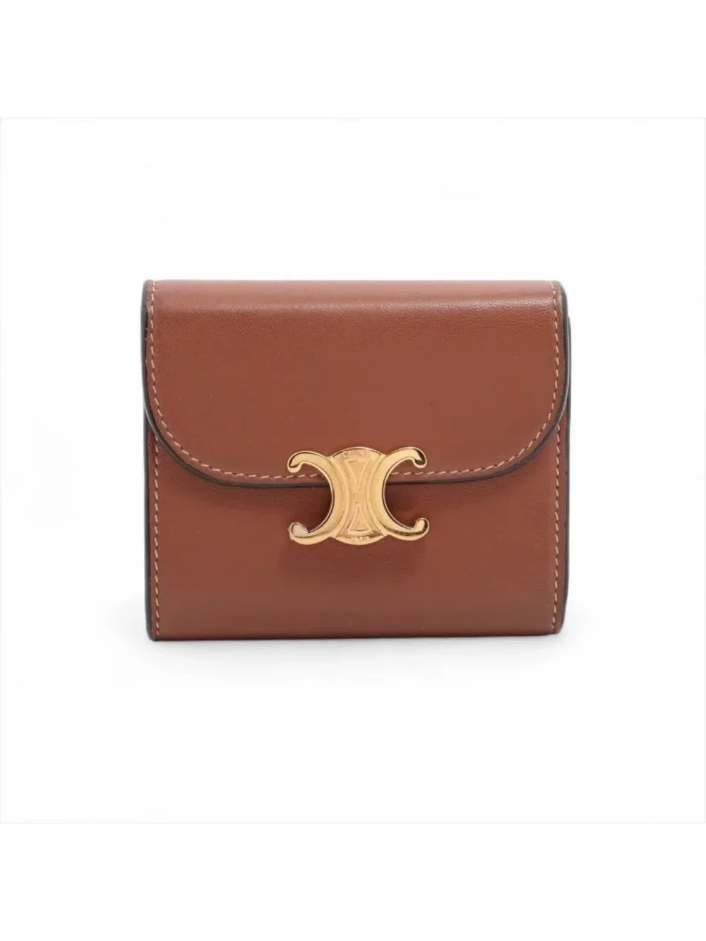 Celine Triomphe Small Flap Wallet Leather Trifold Brown Gold